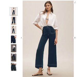 Anthropologie Maeve The Colette Contrast-Stitch Linen Crop Wide-Leg Pants